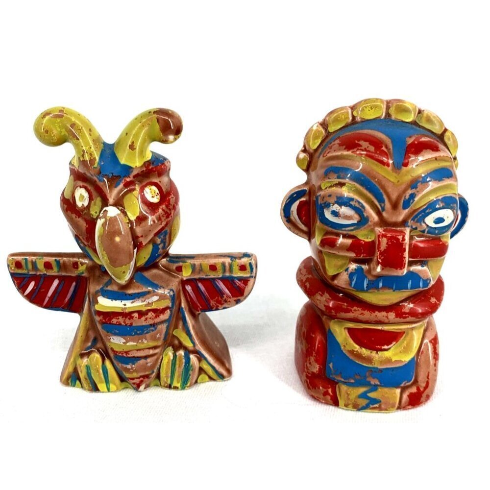 Norcrest Totem Pole Salt and Pepper Shakers Aztec Tiki Hand Painted Vintage 3.5"